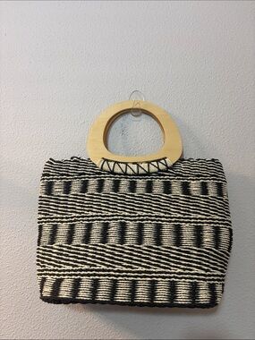 Chicos Woven Black & White Handbag with Wooden Top Handle